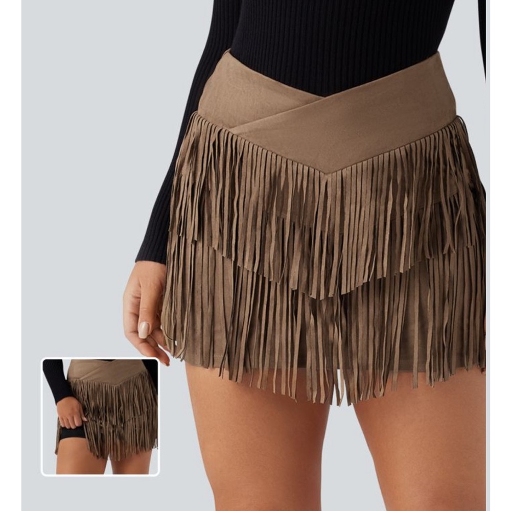 Halara Crossover High Waisted 2-in-1 Fringe Hem Bodycon Mini Suede Skirt - Sz lg